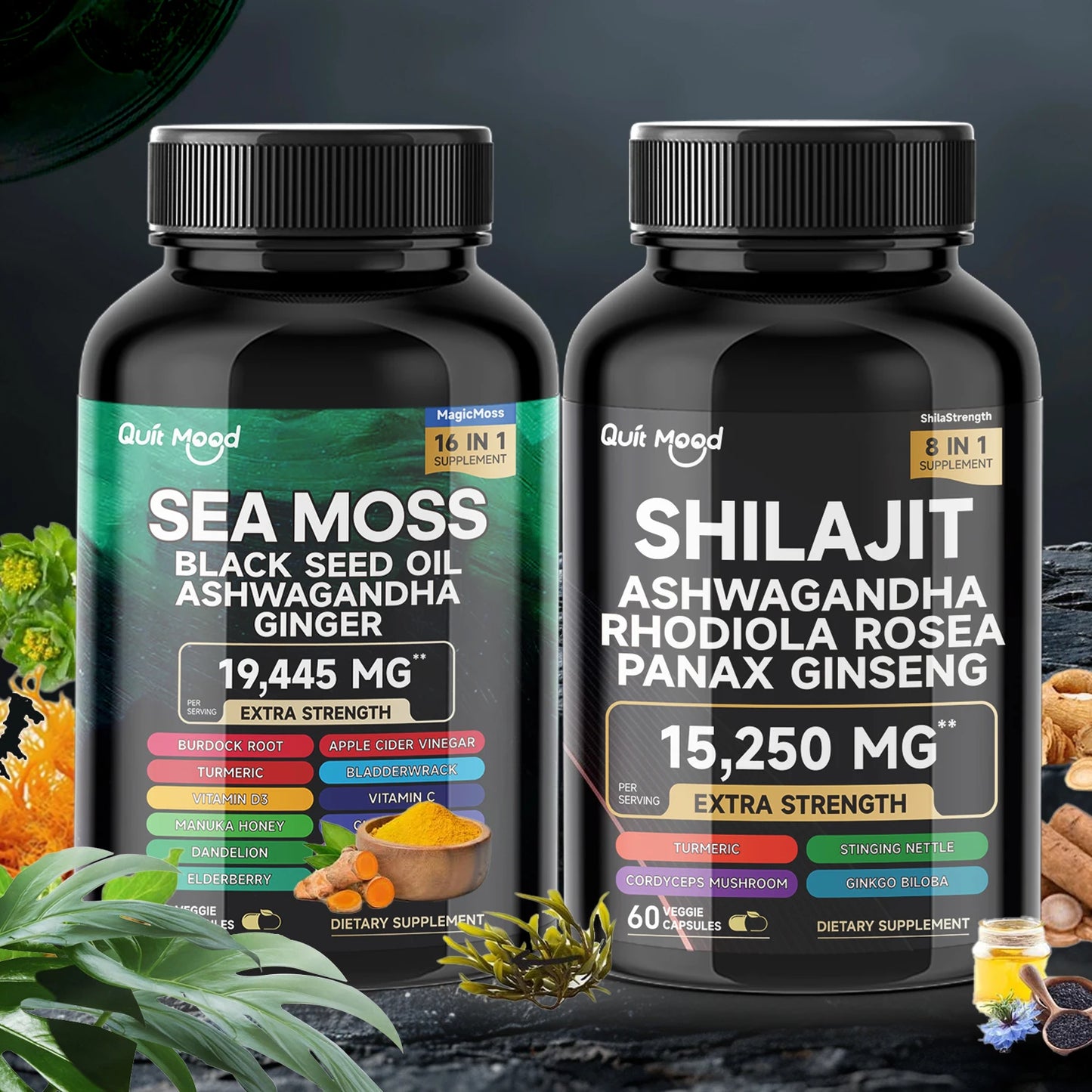 Bundle Sea Moss and shilajit |High Potency Vitality Combo - Ashwagandha Turmeric Bladder, Burdock 2000 Mg & Ginger, Vitamin C