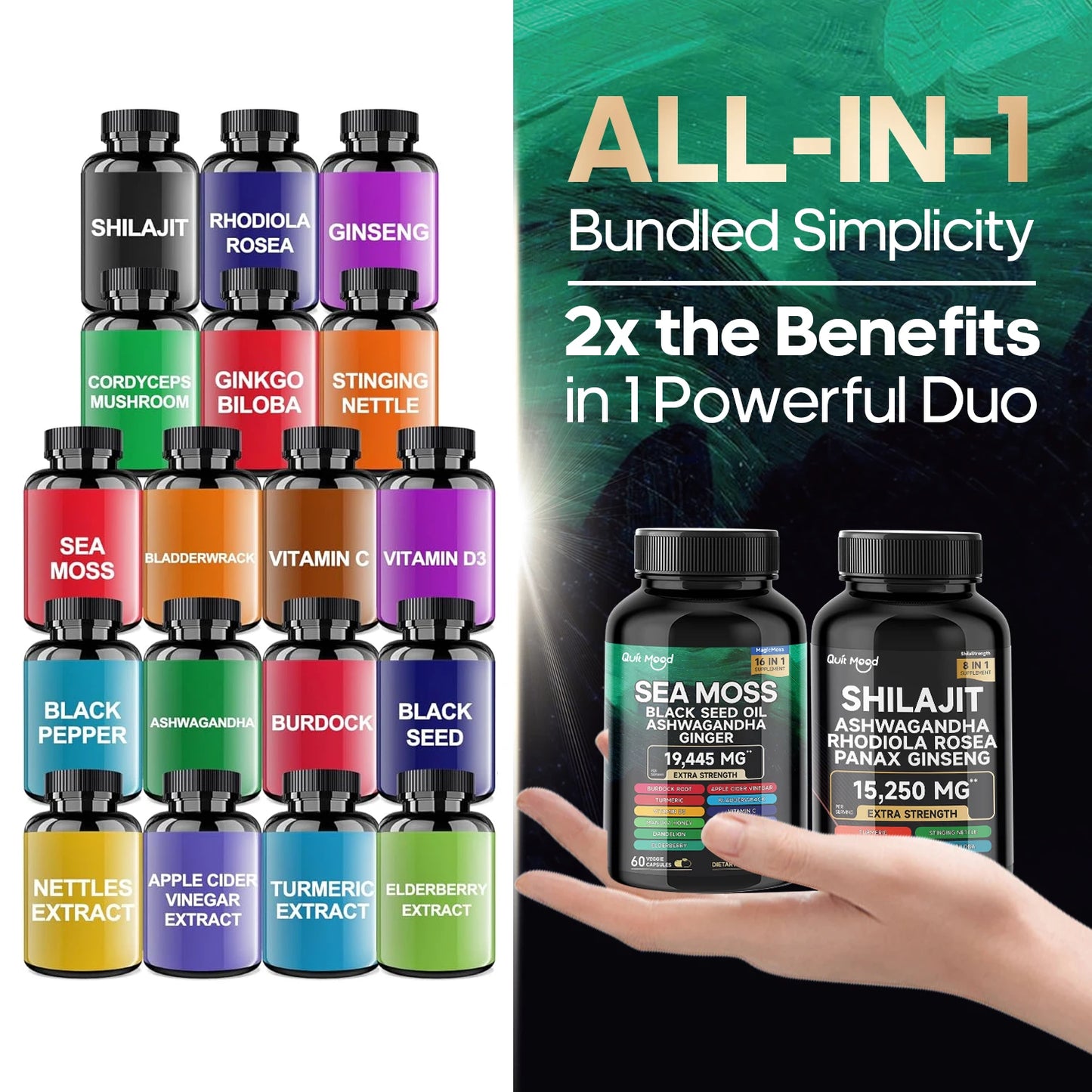Bundle Sea Moss and shilajit |High Potency Vitality Combo - Ashwagandha Turmeric Bladder, Burdock 2000 Mg & Ginger, Vitamin C