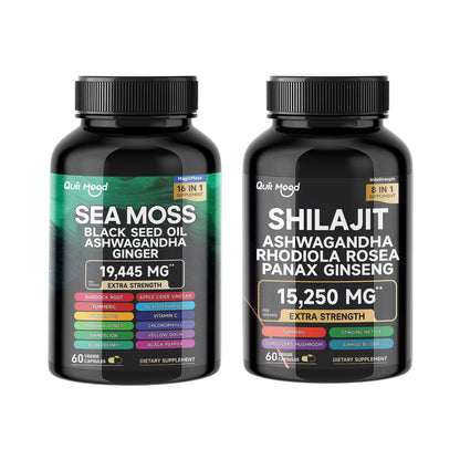 Bundle Sea Moss and shilajit |High Potency Vitality Combo - Ashwagandha Turmeric Bladder, Burdock 2000 Mg  & Ginger, Vitamin C