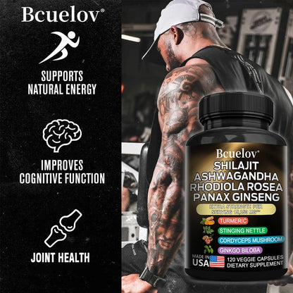 Shilajit Resin Himalaya Capsules - 15250 mg - Combination of Ashwagandha, Ginseng, Cordyceps, Ginkgo, Turmeric
