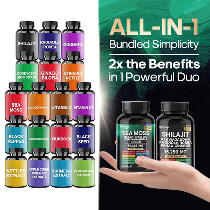 Bundle Sea Moss and shilajit |High Potency Vitality Combo - Ashwagandha Turmeric Bladder, Burdock 2000 Mg  & Ginger, Vitamin C